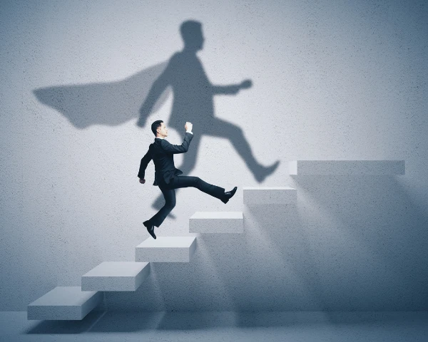 Businessman climbing stairs with a superhero shadow, symbolizing career growth