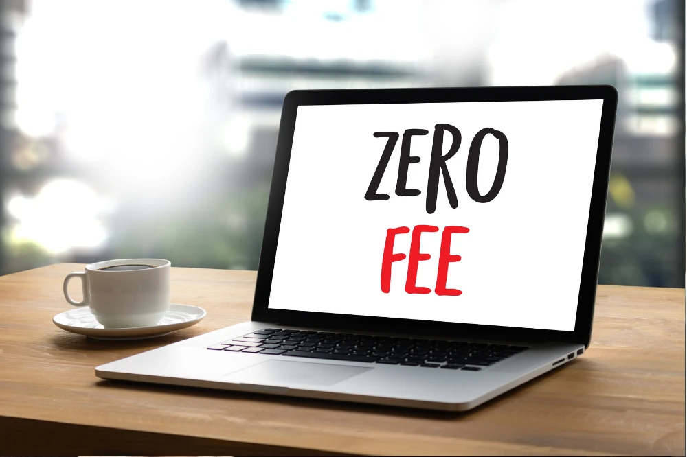 Laptop screen displaying Zero Fee