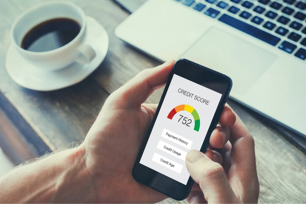 Hands holding phone showing credit score 752 next to coffee and laptop