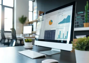 Business dashboard with sales and revenue charts on a monitor
