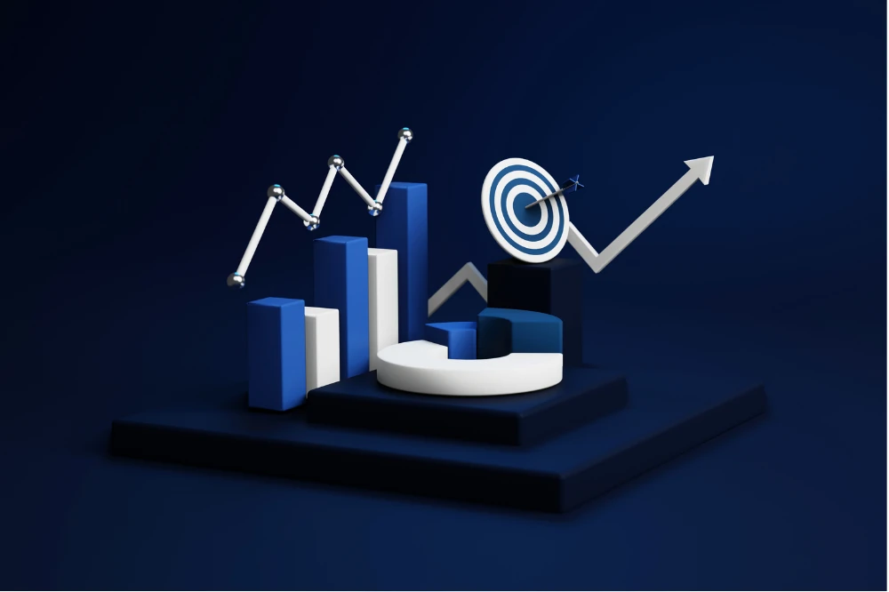 3D charts, growth arrow, and target representing business financial growth